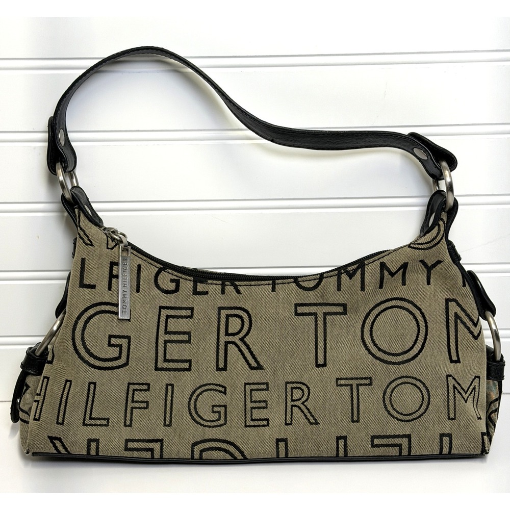 Tommy Hilfiger Y2K Logo Jacquard Baguette Shoulder Bag Khaki Black Small Handbag